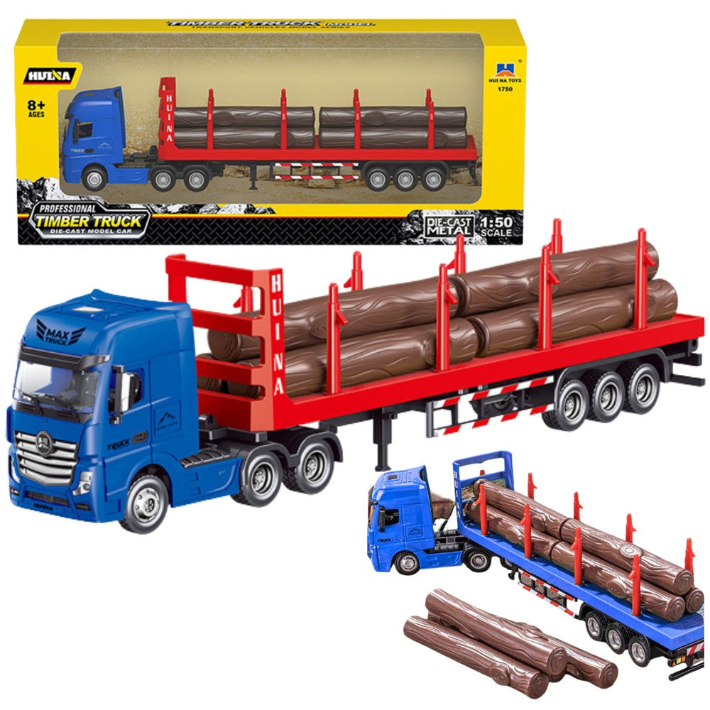 Timmertransport lastbil modell 1:50 metall/plast med avtagbar trailer