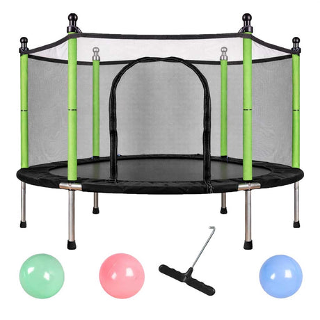 Trampolin för barn 140 cm med säkerhetsnät, 10 bollar, 150 kg