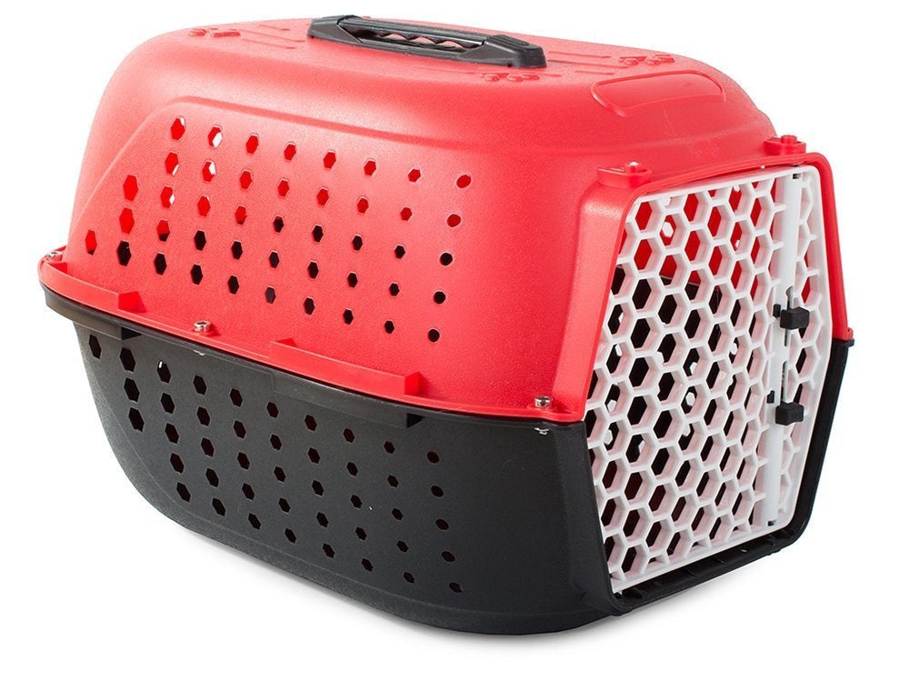 Transportbur hund/katt i plast 48x32x30 cm med låsbar dörr, röd