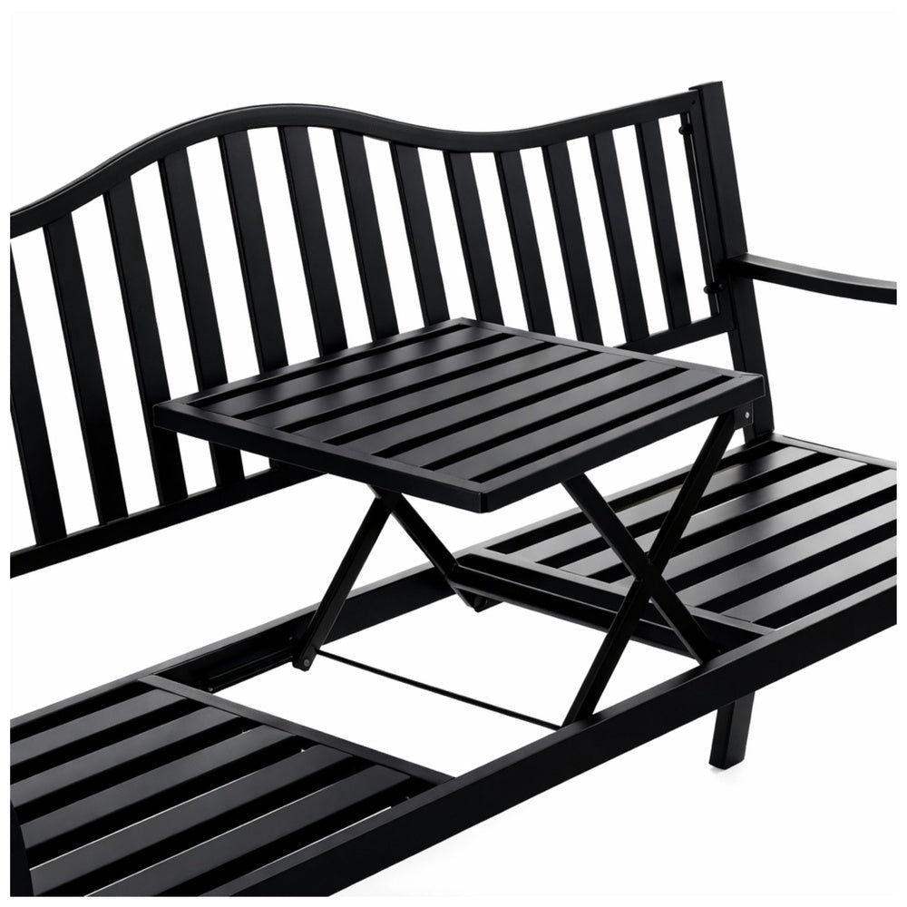 Trädgårdsbänk metall svart 150 cm med utdragbart bord 2-3 sits