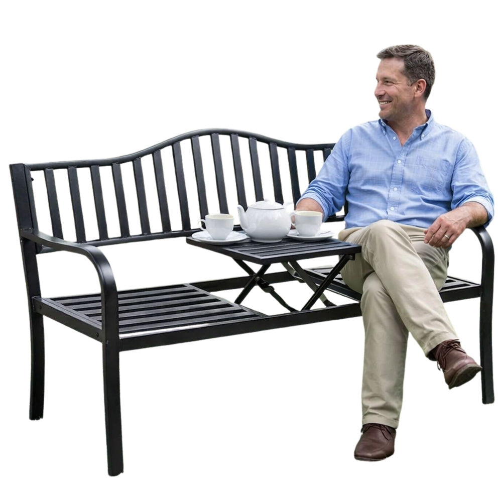 Trädgårdsbänk metall svart 150 cm med utdragbart bord 2-3 sits