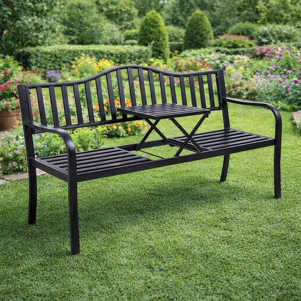 Trädgårdsbänk metall svart 150 cm med utdragbart bord 2-3 sits