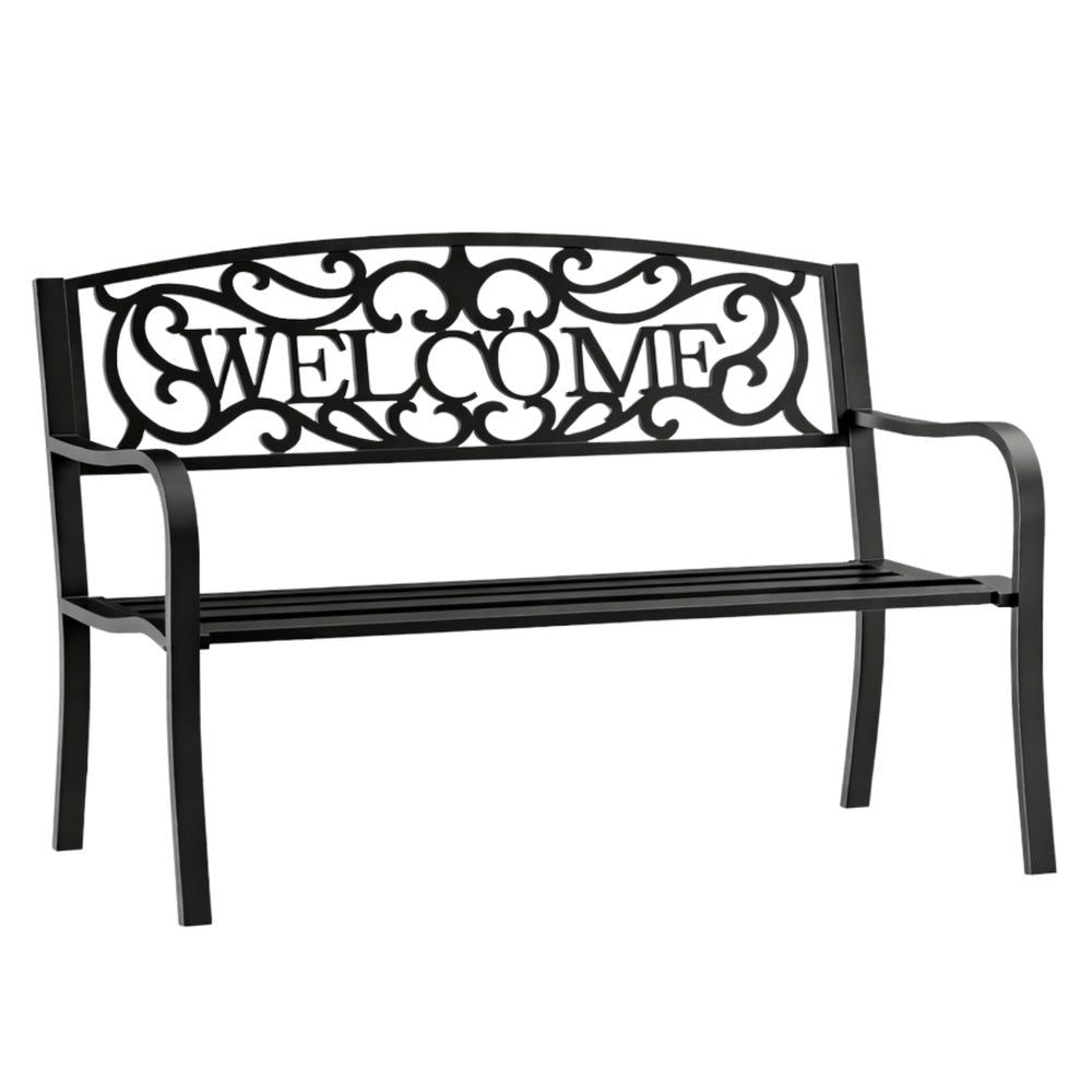 Trädgårdsbänk metall svart matt 127x61x87 cm "WELCOME" 320 kg