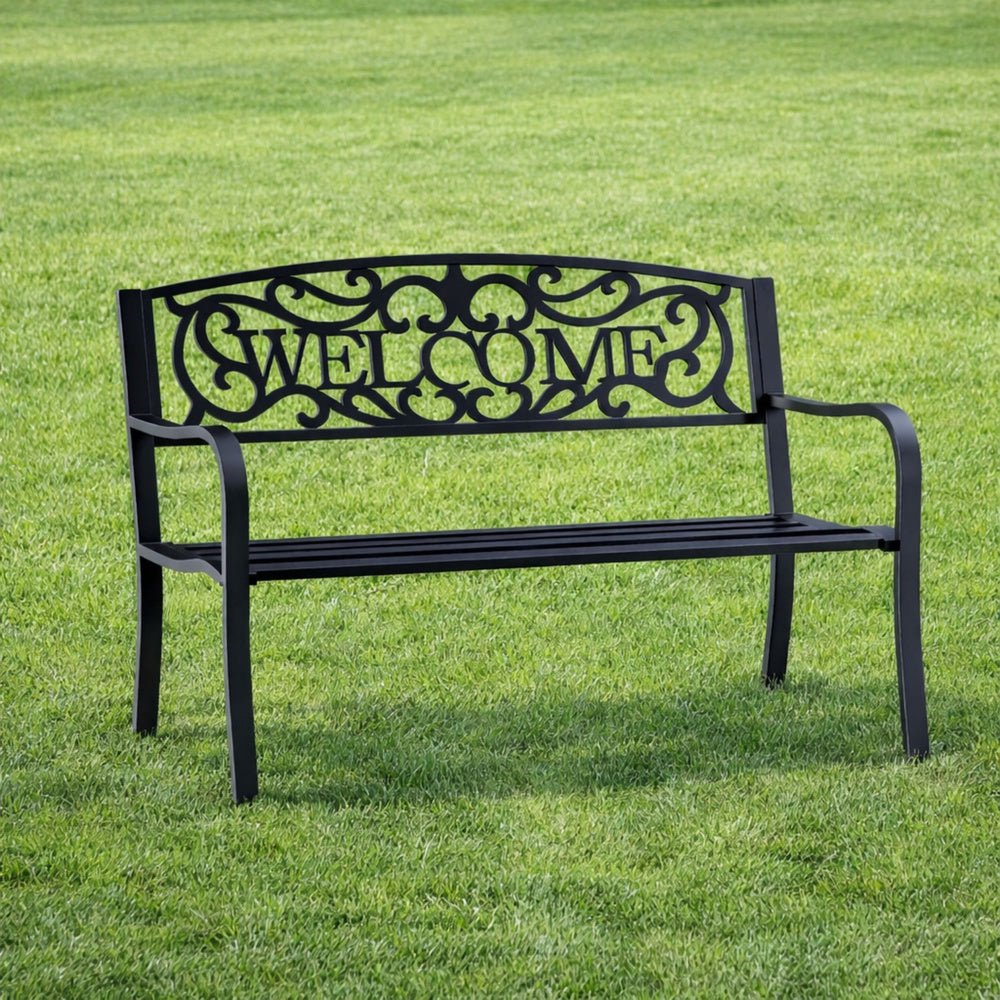 Trädgårdsbänk metall svart matt 127x61x87 cm "WELCOME" 320 kg