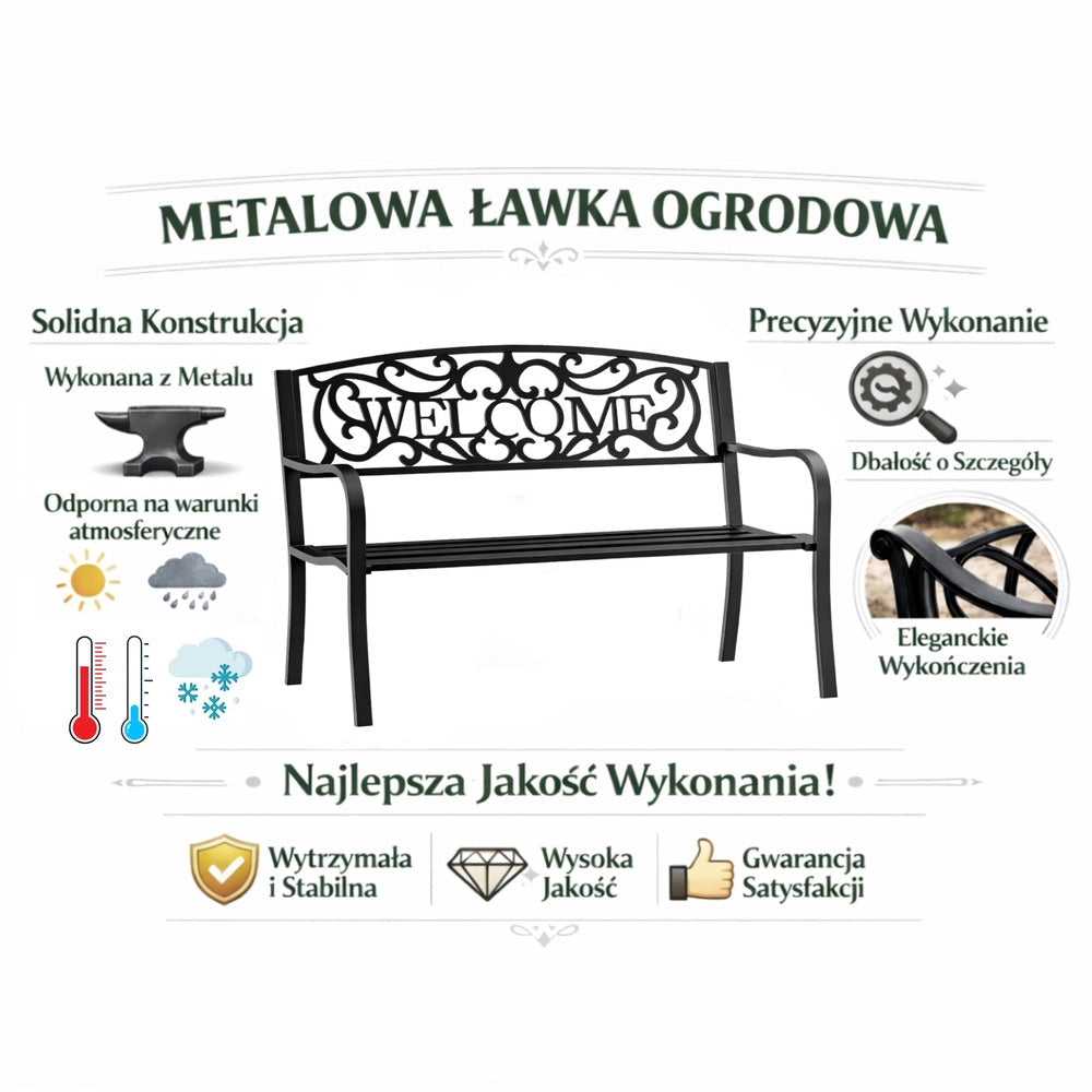 Trädgårdsbänk metall svart matt 127x61x87 cm "WELCOME" 320 kg