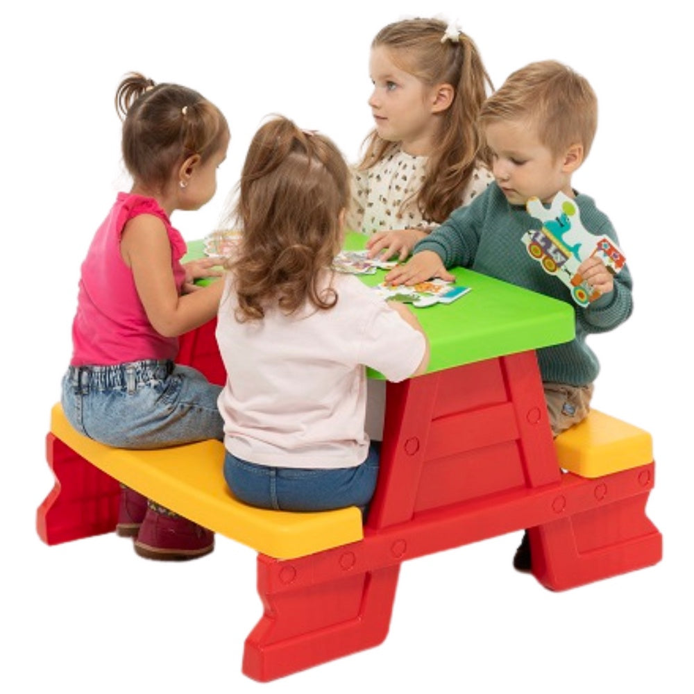 Trädgårdsbord med bänkset för barn, färgglatt utomhusset
