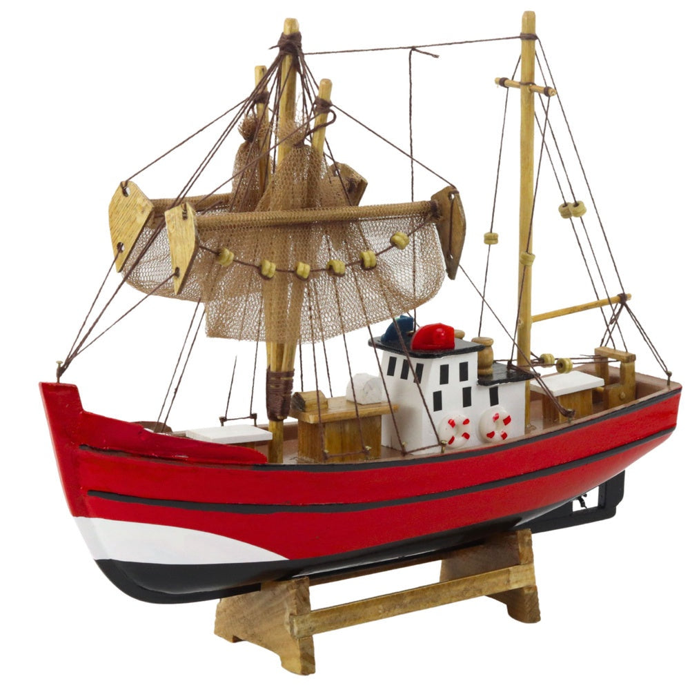 Träfiskebåtsmodell 30 cm maritim dekor med visningsställ