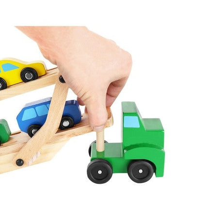 Trälastbil med släp och 4 bilar, leksaksset 24 mån+