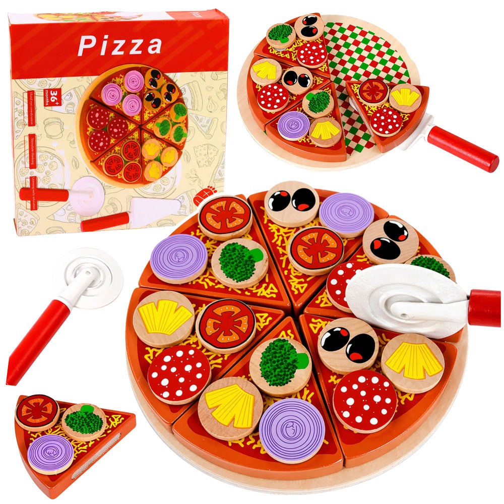 Träleksak skärbar pizza 6 bitar 20 cm med tallrik, kniv och spatel