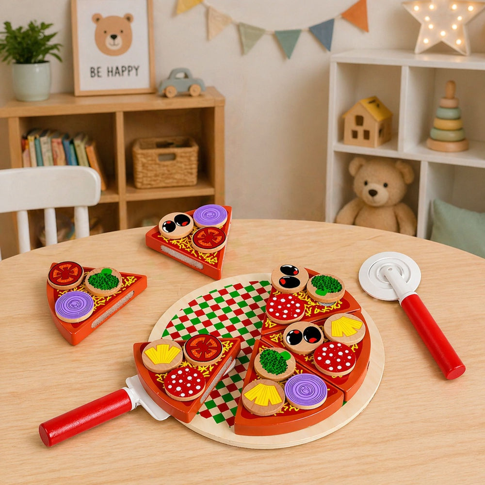 Träleksak skärbar pizza 6 bitar 20 cm med tallrik, kniv och spatel