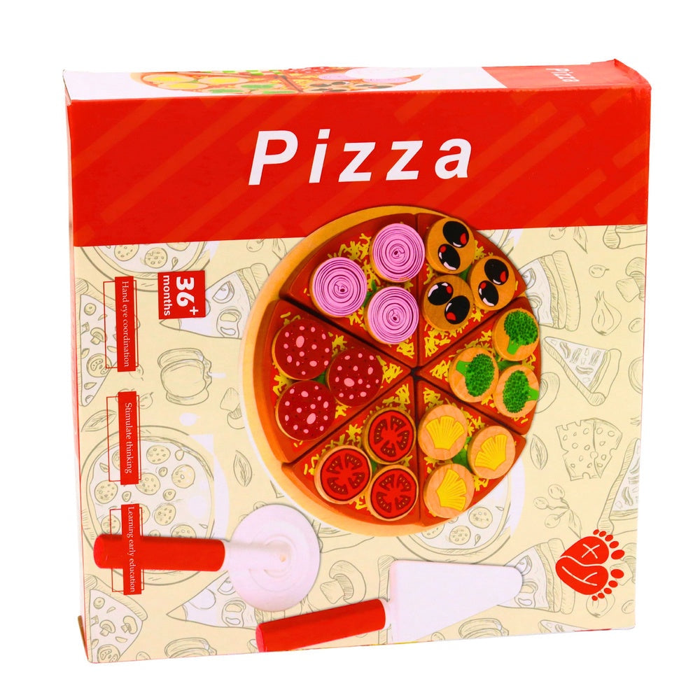 Träleksak skärbar pizza 6 bitar 20 cm med tallrik, kniv och spatel