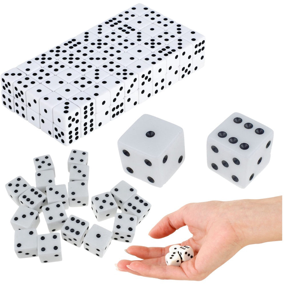 Tärningar vita plast 100-pack, standard 1-6