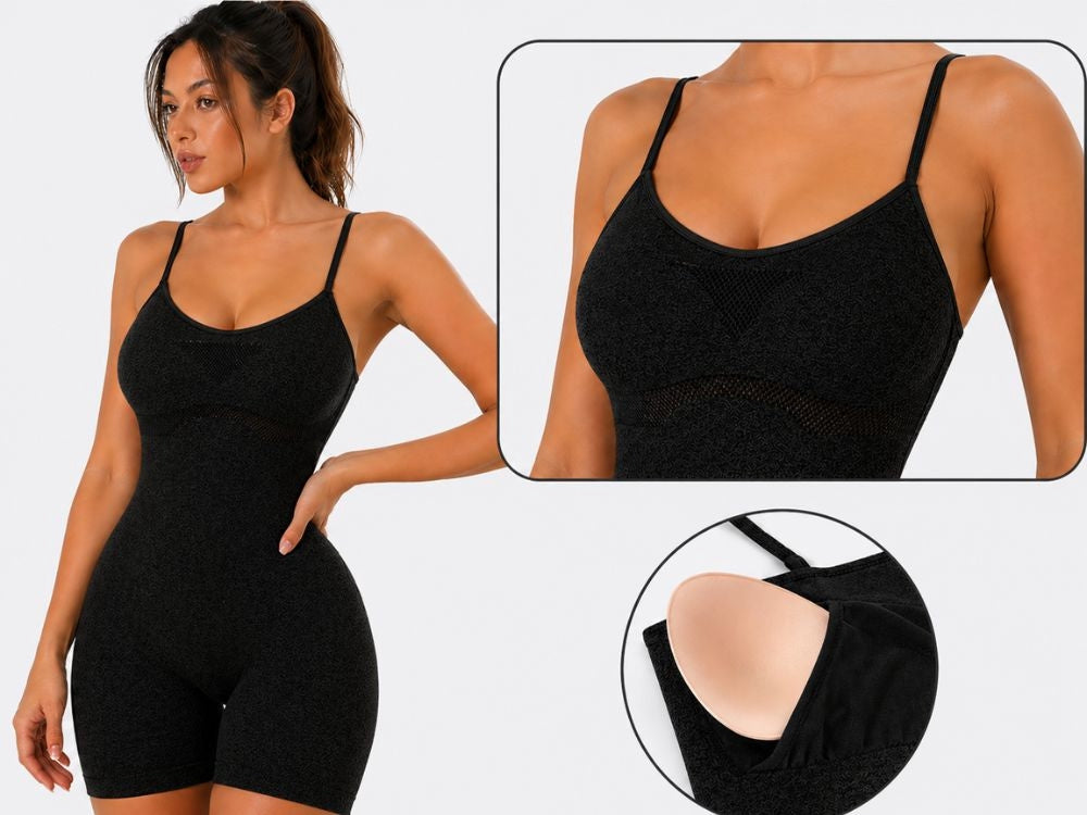 Träningsjumpsuit dam push-up med inbyggda kupor svart S/M