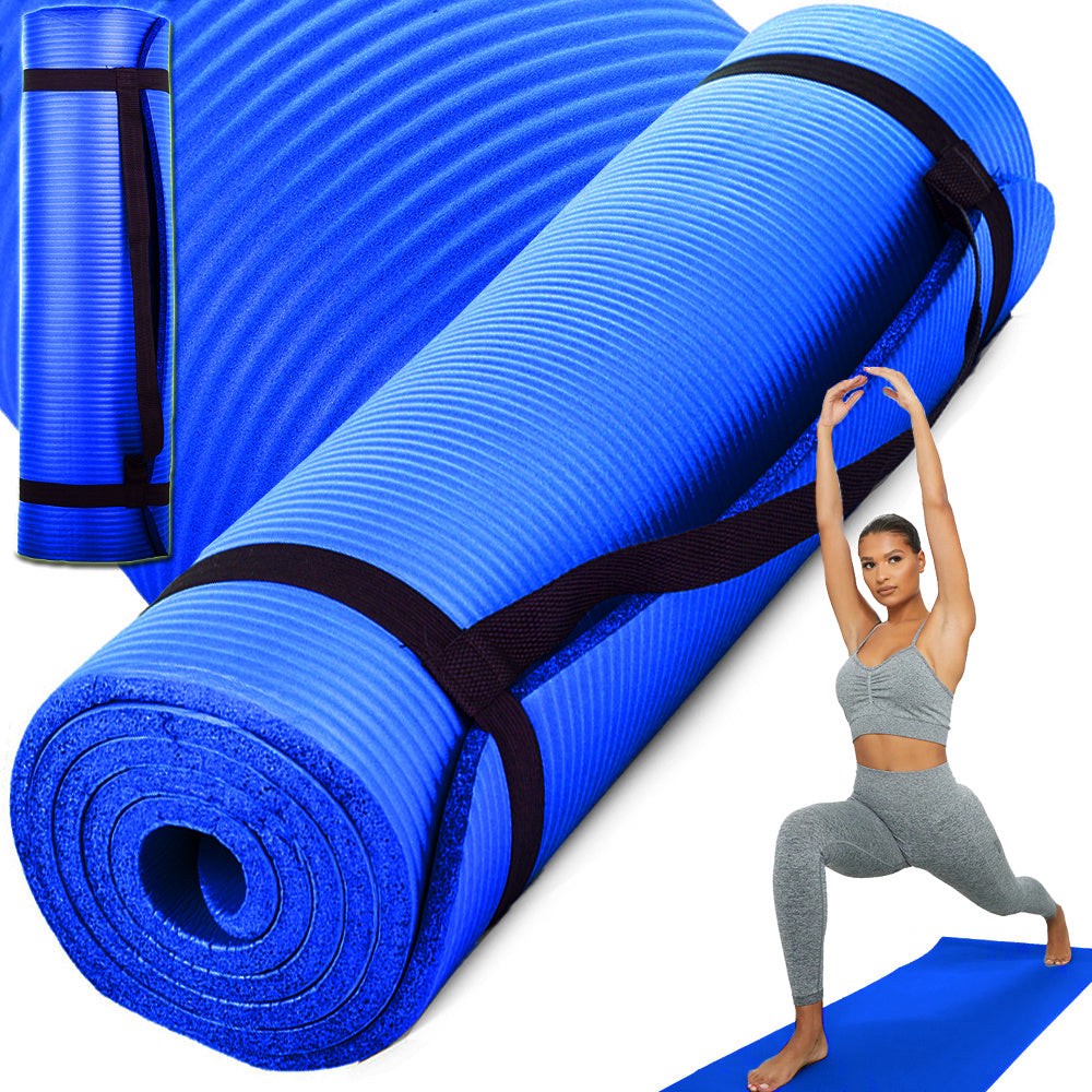 Träningsmatta yoga/pilates 180x60 cm 1 cm NBR-skum blå med bärrem