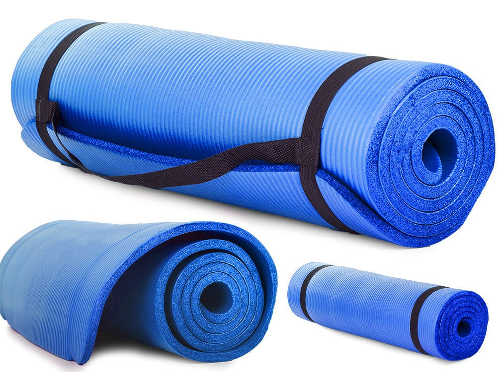 Träningsmatta yoga/pilates 180x60 cm 1 cm NBR-skum blå med bärrem