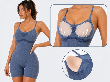 Träningsshorts/jumpsuit dam push-up med inbyggda kupor blå S/M