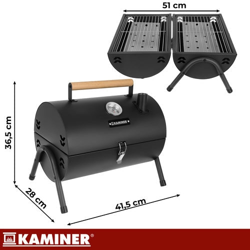 Turistkolgrill med lock och termometer, 2 grillgaller, svart 41,5 cm