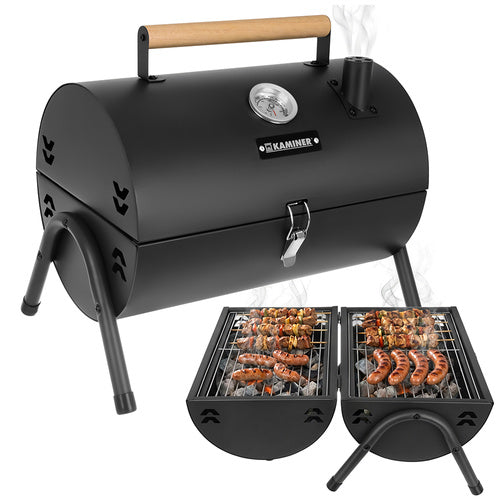 Turistkolgrill med lock och termometer, 2 grillgaller, svart 41,5 cm