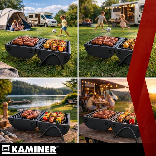 Turistkolgrill med lock och termometer, 2 grillgaller, svart 41,5 cm