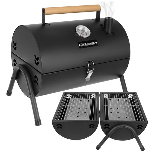 Turistkolgrill med lock och termometer, 2 grillgaller, svart 41,5 cm