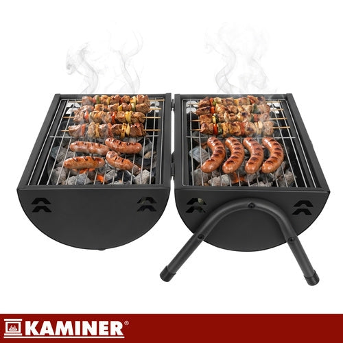 Turistkolgrill med lock och termometer, 2 grillgaller, svart 41,5 cm