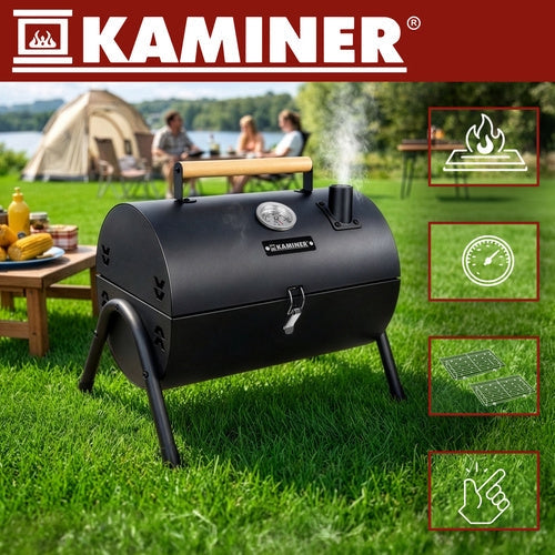 Turistkolgrill med lock och termometer, 2 grillgaller, svart 41,5 cm