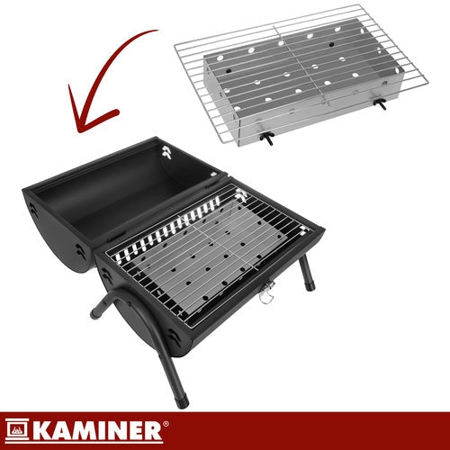 Turistkolgrill med lock och termometer, 2 grillgaller, svart 41,5 cm