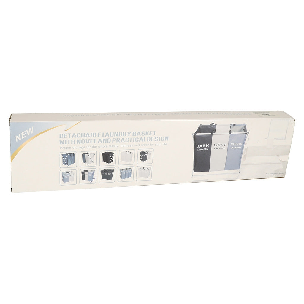 Tvättkorg 3 fack 135L fällbar metallram vit 65x36,5x58 cm