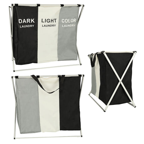 Tvättkorg 3 fack 135L fällbar metallram vit 65x36,5x58 cm