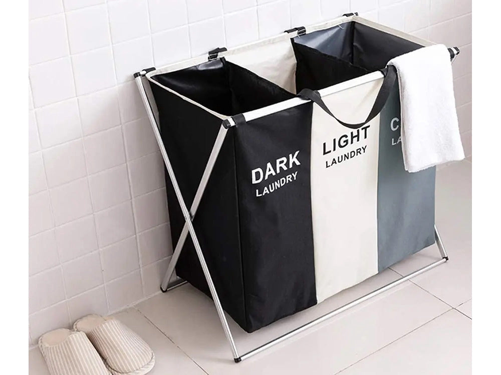 Tvättkorg 3 fack 135 L hopfällbar aluminiumram textil