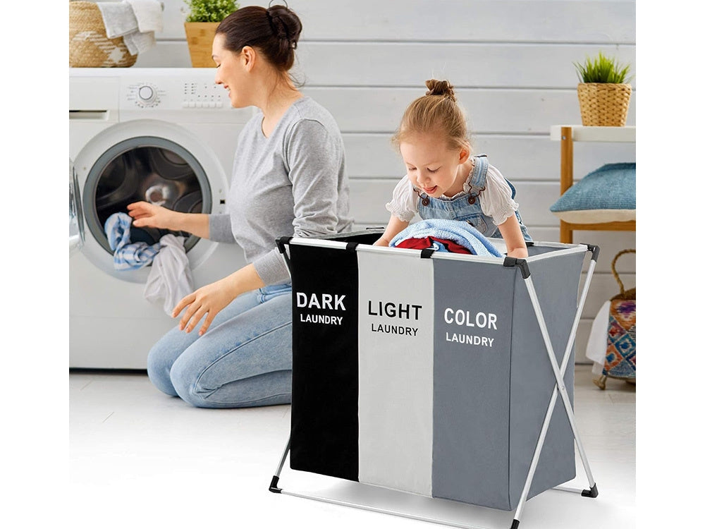 Tvättkorg 3 fack 135 L hopfällbar aluminiumram textil