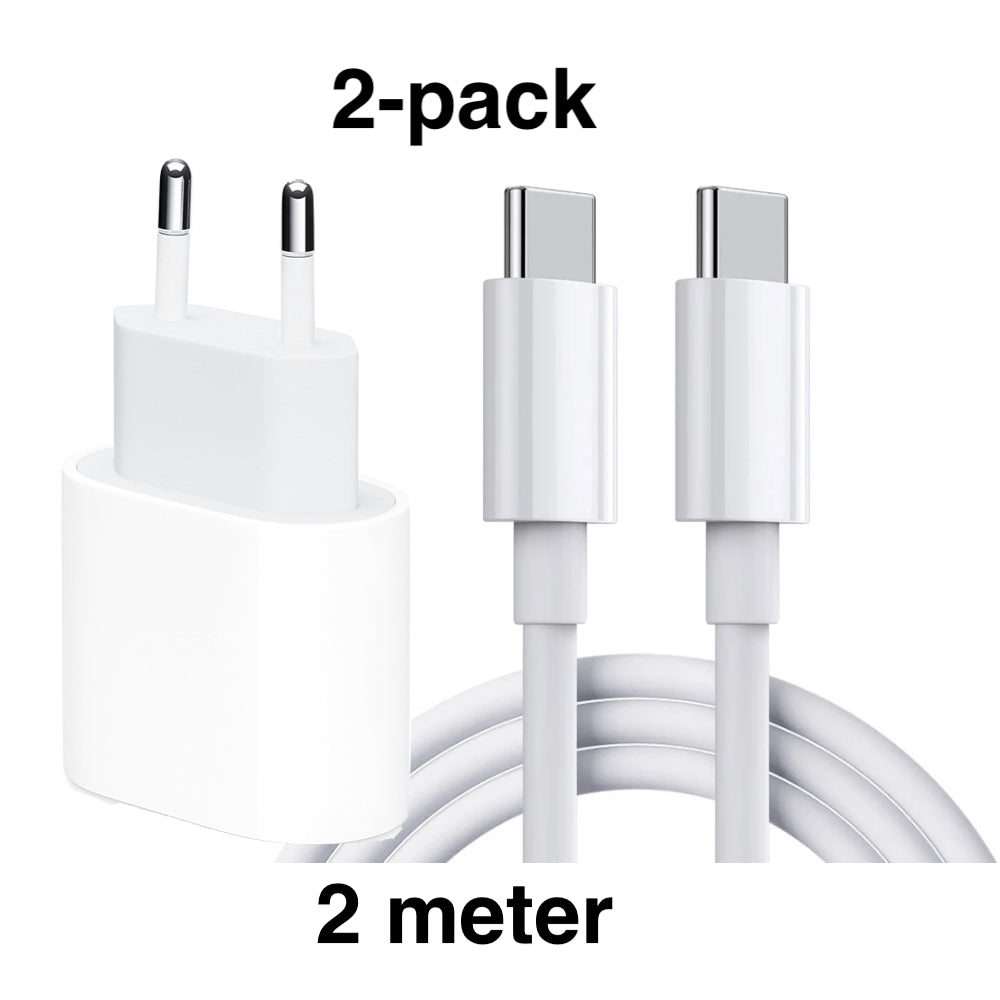 USB-C snabbladdare 20W PD 3.0 med 2 m USB-C-kabel vit 2-pack