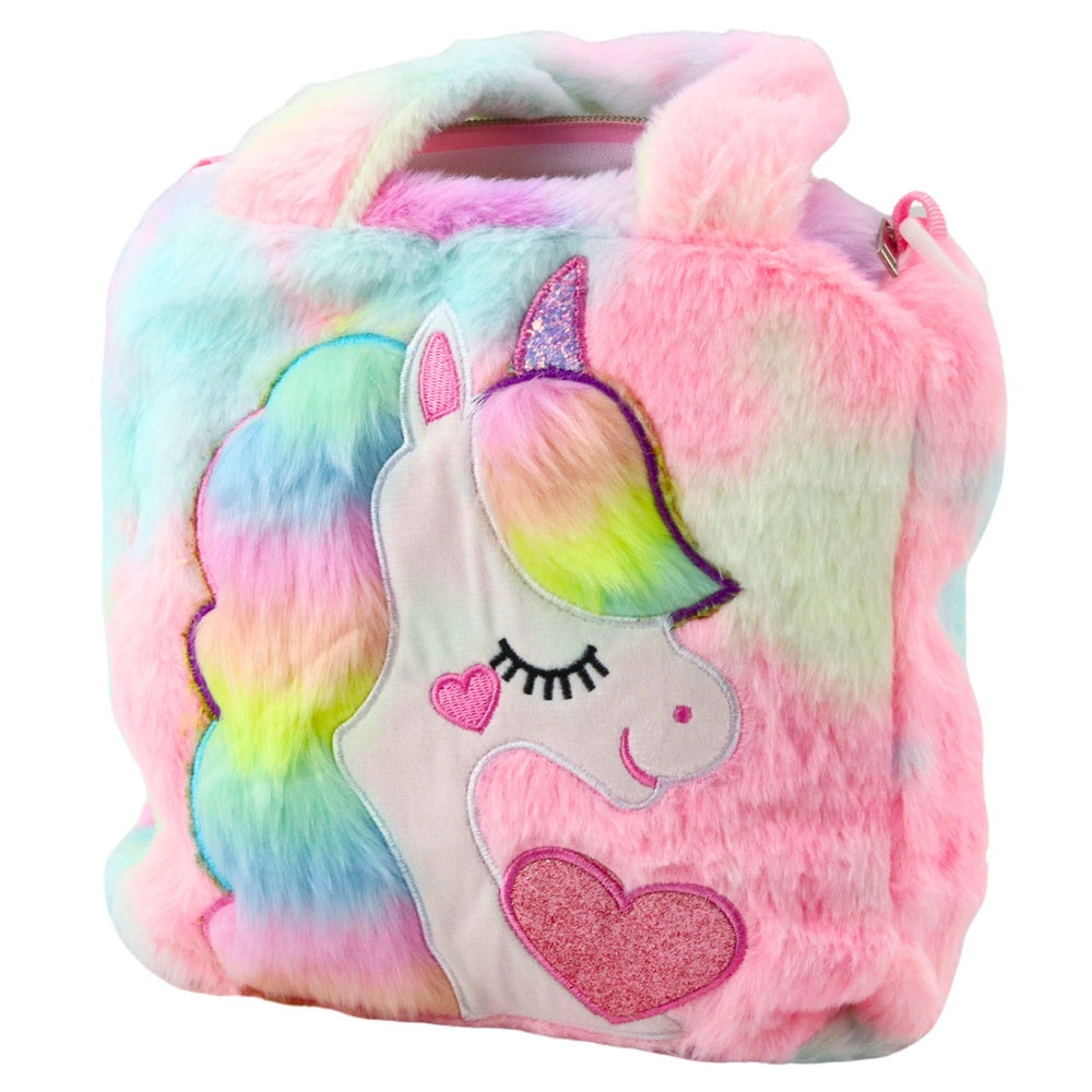 Unicorn plyschväska 24x9 cm med dragkedja och justerbar axelrem
