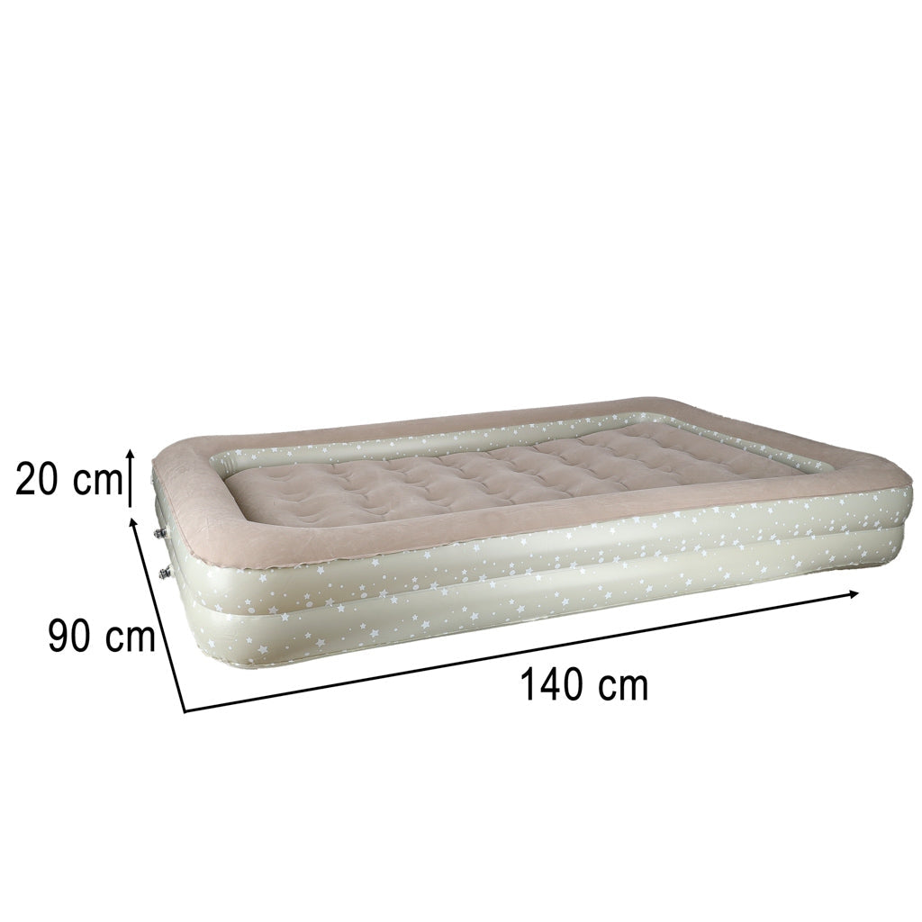 Uppblåsbar barnsäng 140x90 cm med pump, grå med stjärnor