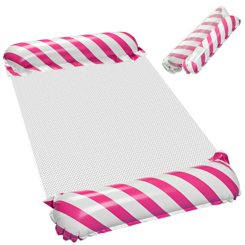 Uppblåsbar flytmatta med ryggstöd och nätbotten rosa/vit 110x70