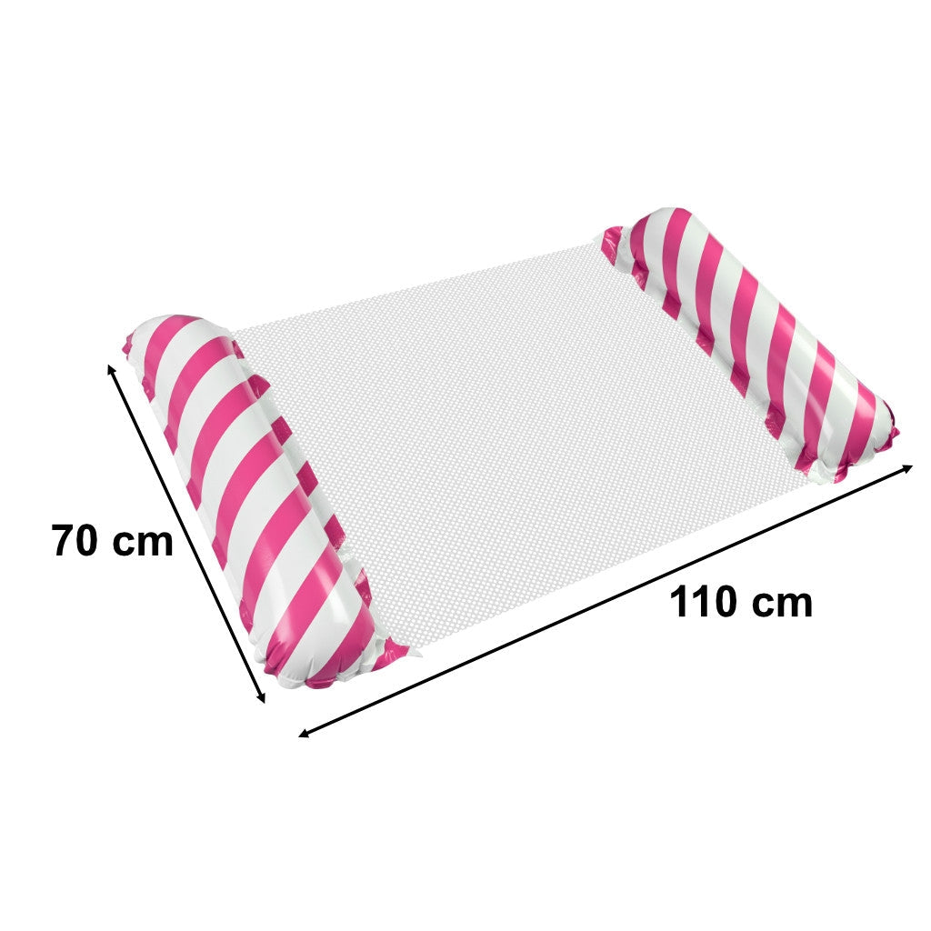 Uppblåsbar flytmatta med ryggstöd och nätbotten rosa/vit 110x70