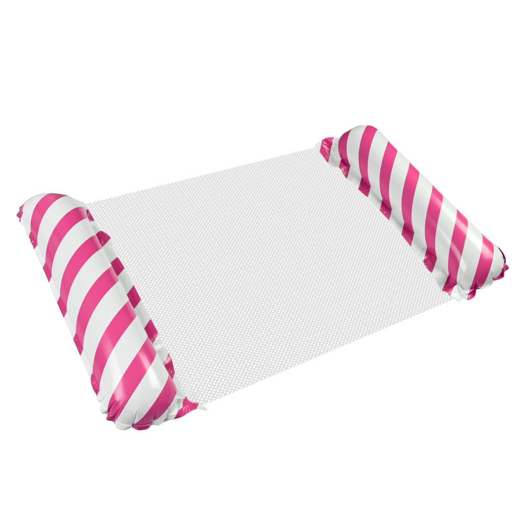 Uppblåsbar flytmatta med ryggstöd och nätbotten rosa/vit 110x70