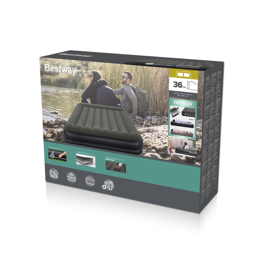 Uppblåsbar luftmadrass 203x152x36 cm med inbyggd kudde, max 300 kg
