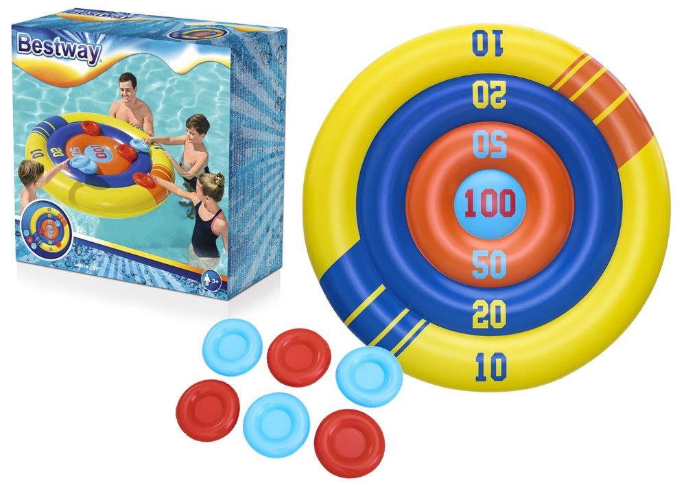 Uppblåsbart poolspelet Arcade Shield 140 cm med frisbees, från 3 år