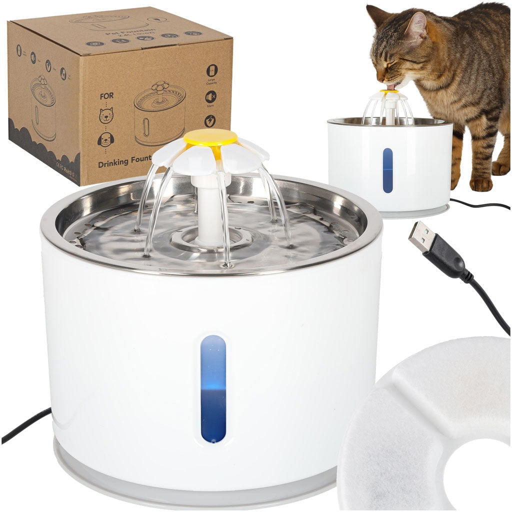 Vattenfontän hund & katt 2,4L med aktivt kolfilter, LED, USB tyst