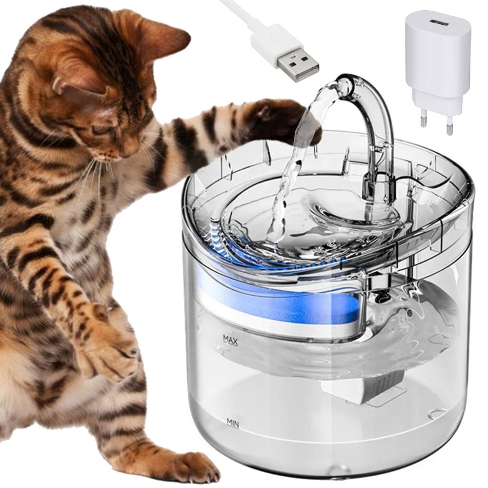 Vattenfontän katt/hund 1,8 L USB med pump och kolfilter transparent