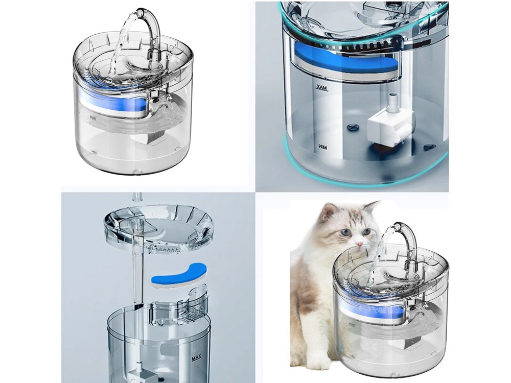 Vattenfontän katt/hund 1,8 L USB med pump och kolfilter transparent