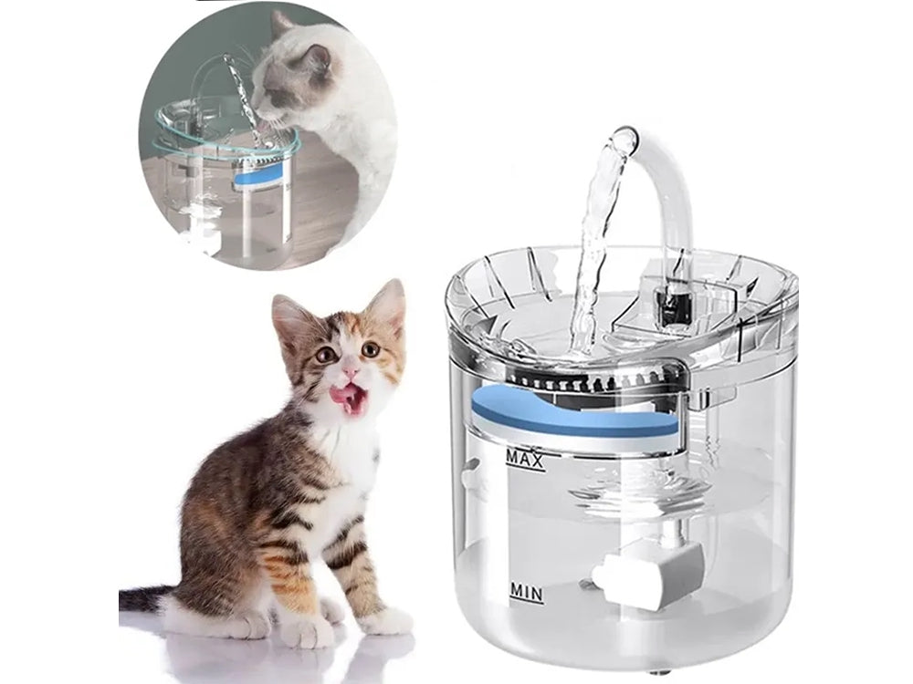 Vattenfontän katt/hund 1,8 L USB med pump och kolfilter transparent