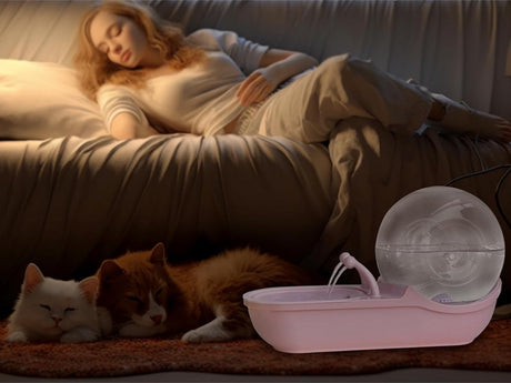 Vattenfontän katt/hund USB med pump + filter rosa/gul mix