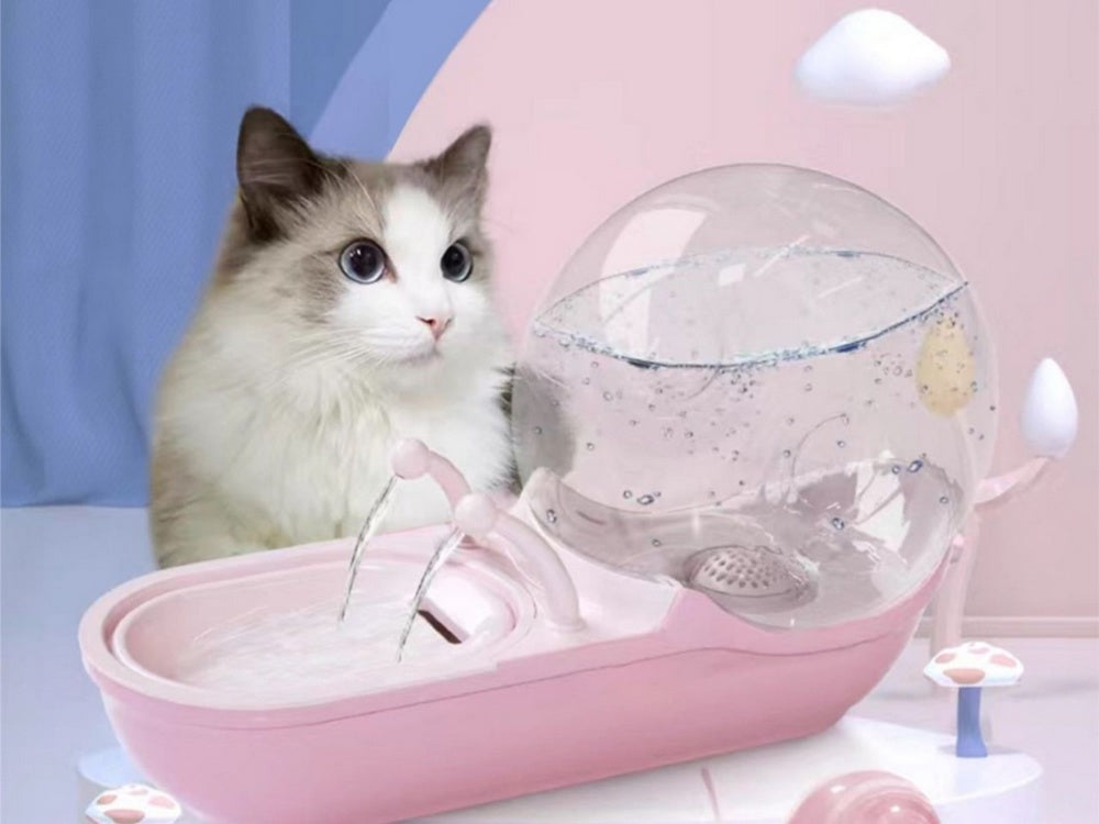 Vattenfontän katt/hund USB med pump + filter rosa/gul mix