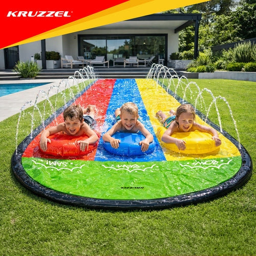 Vattenslide med fontän 480 cm 3 banor inkl 3 uppblåsbara brädor