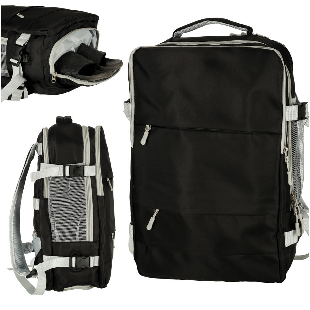 Vattentålig reseryggsäck med USB-port och skofack svart 45x28x16
