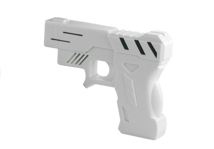 Väckarklocka med laserpistol och måltavla för att stänga av alarm