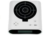 Väckarklocka med laserpistol och måltavla för att stänga av alarm