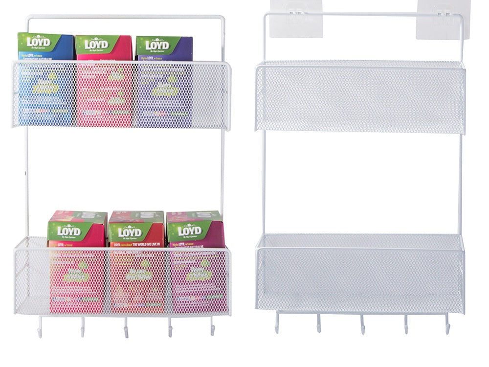 Väggorganiser metall 2 hyllor + 2 självhäftande krokar vit 42 cm